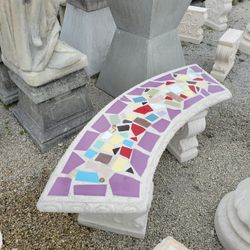 Concrete Mosaic Tile Inlay Curved Benches / Cement Garden Patio Bench / Outdoor Patio Furniture