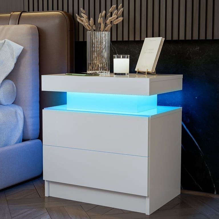 Modern Nightstand with LED Lights High Gloss Bedside Table with 2 Drawers Smart Night Stands White End Side Table for Bedroom Living Room Home