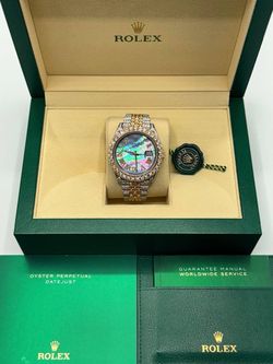 Rolex Datejust 41 41mm Iced Out Bussdown Diamond Mop Roman Dial Blue 18k yellow gold stainless 126333 box VVS