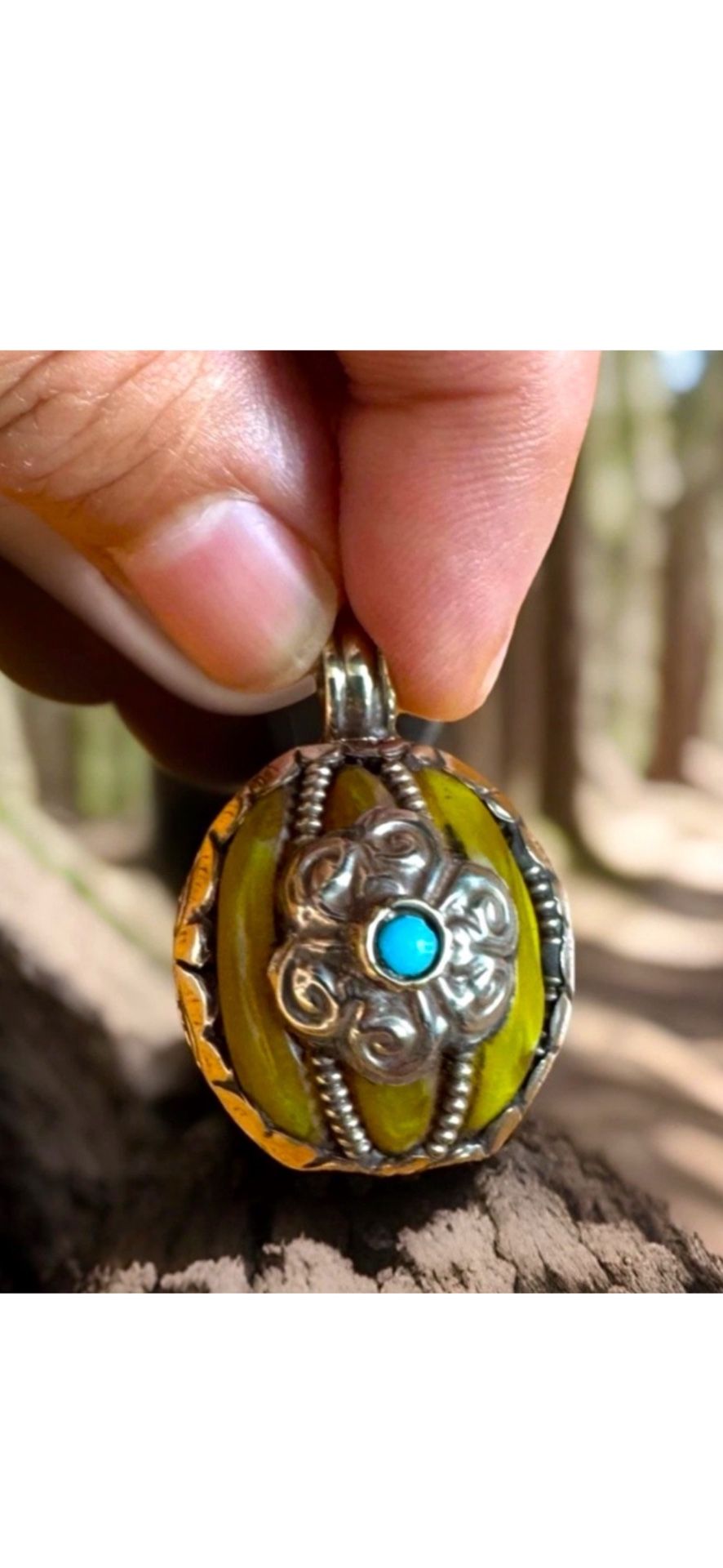 Unique Ethnic Tibetan Amber Pendant With Auspicious Bird,Floral Carving Set In Silver 1.75”in & 21grams