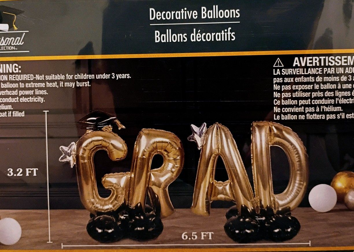 6.5X3.2 Ft. "GRAD" Balloon, Gold & Black Grad Balloon, Easy To Inflate, Great for Graduation Celebrations, Parties, Dinners, Surprises