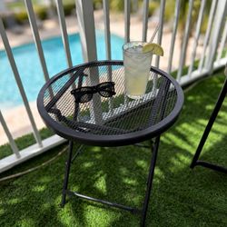 Round Steel Mesh Folding Patio Table — 18" Black Indoor/Outdoor Bistro Side Table
