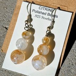 Citrine Bead Earrings Sterling Hooks 