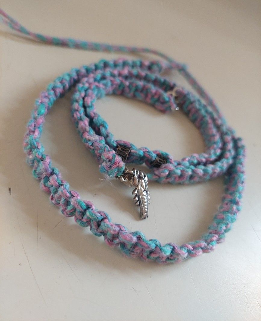 Handmade Macrame Pink & Blue Marbled Choker Collar, Anklet and Bracelet Set. 12" Choker Collar, 9" Anklet with Lobster Clasp & 8" Bracelet with Silver