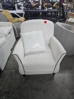 White & Black Upholstered Accent Chair with Lumbar Support Pillow & Wood Legs