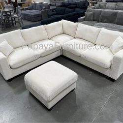 New Plush Ivory White Sectional Sofa And Ottoman, Sectionals, Sofa, Couch, Ottoman, Beige Sectional, Corduroy Sectional, Plush Couch Sofa, Ivory White