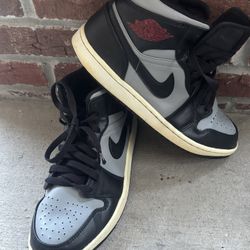 Nike Air Jordan 1 Mid 'Shadow Red' Size  9 sneakers in black and grey leather.   Excellent Condition. Clean, well cared for, lots of life left. Ready 
