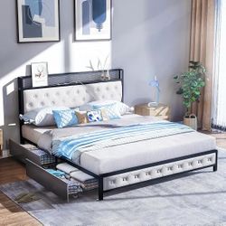 Queen Bed Frame with 4 Storage Drawers, Charging Station and LED Lights, Upholstered Headboard with Storage Shelves, Heavy Duty Metal Slats, Noise Fre