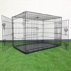 (NEW) $65 Folding 42” Dog Cage 2-Door Pet Crate Kennel w/ Tray 42”x27”x30”