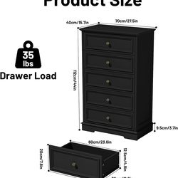 Black 5 Drawer Dresser, 44" Tall Wooden Dresser and Chest of Drawers for Closet Organizer, Modern Dressers for Bedroom, Living Room, Hallway