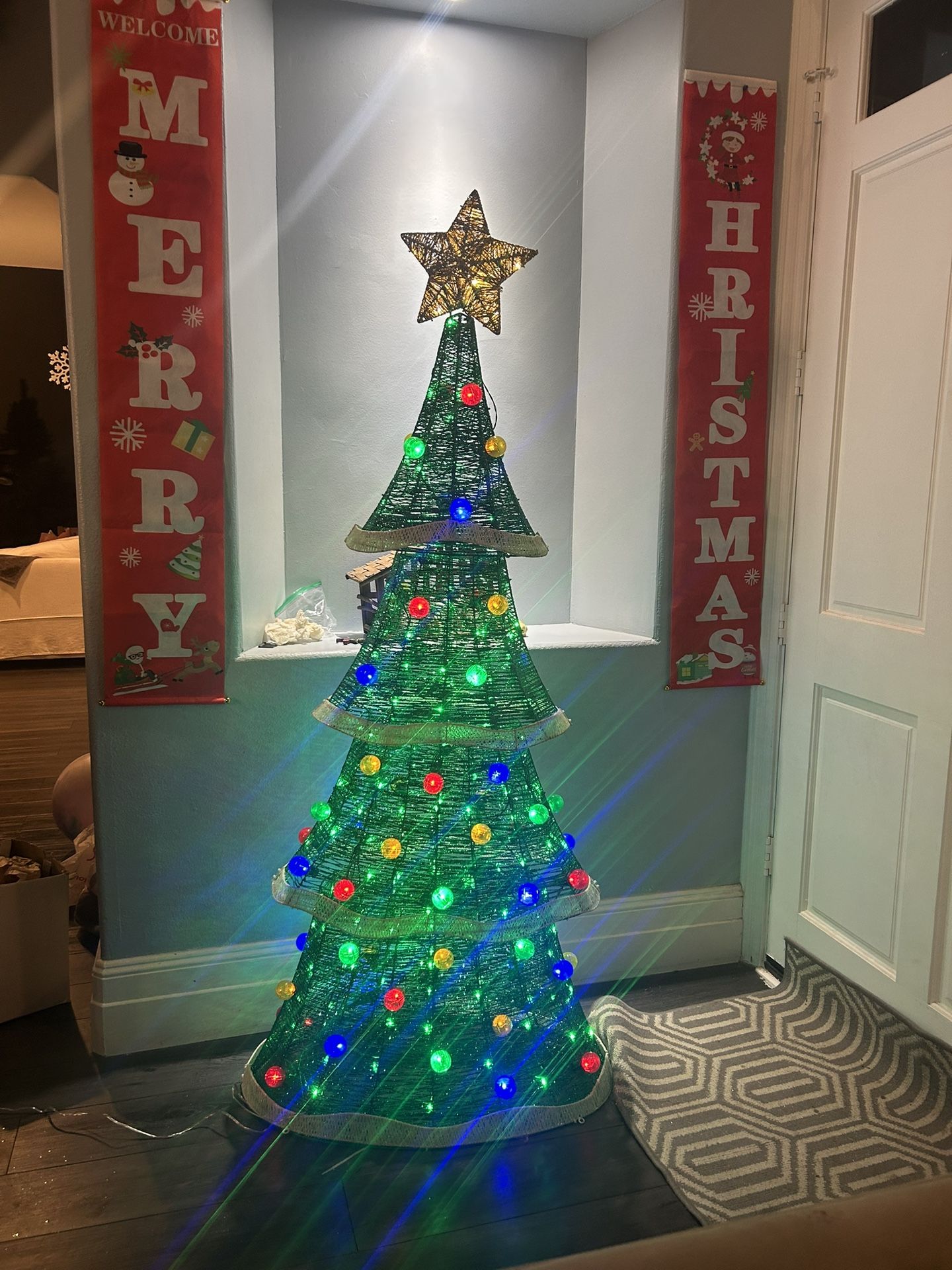 Pre lit light up Christmas Tree w/ bulbs and star indoor or outdoor decoration