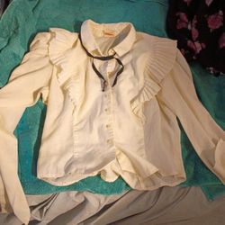 Long Sleeve Button Up With Cute Black Tie Around Neck 