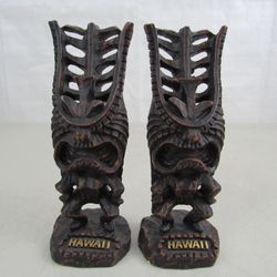 Hawaiian Long Life Tiki Hapa Wood Statues Pair 6 1/4" Tall


