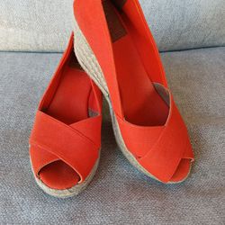 TORY BURCH 8 Filipa Flame Red Espadrille Peep Toe Wedge Shoe Sandal Heel