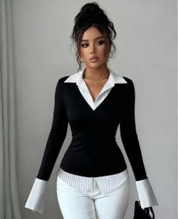Women's long sleeve collared v-neck blouse with striped cuffs