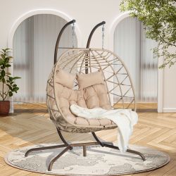 Double Egg Chair with Stand Hanging Indoor Outdoor Wicker Rattan Patio Basket Egg Swing Chair Hammock Egg Chairs with UV Resistant Cushions 600 lbs fo