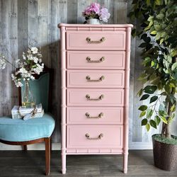 🌺 Newly Refinished  Faux Bamboo Tall Dresser/ Soft Pink/ I Can Deliver 