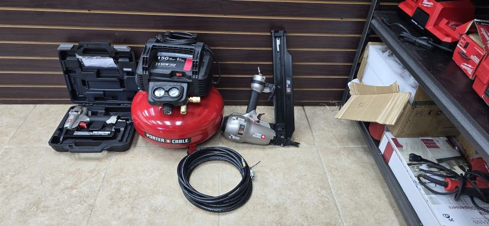 LIKE NEW PORTER CABLE 6 GALLON AIR COMPRESSOR WITH 21°FRAMING NAILER AND 18G CROWN STAPLER WITH HOSE ALL FOR 200$ THE FRAMING GUN COST THAT MUCH ALONE