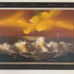 Vintage Mid-Century Seascape Painting - Impasto Ocean Waves & Sunset Sky, Framed