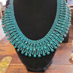 Vintage Multistrand Emerald Green Bezel Rhinestones Collar Bib Necklace 18" F8