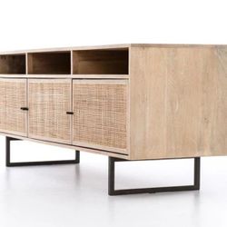 Emilie Mid Century Light Brown Mango Wood Woven Cane Iron Base Media Console-65"W,  Like New, Perfec