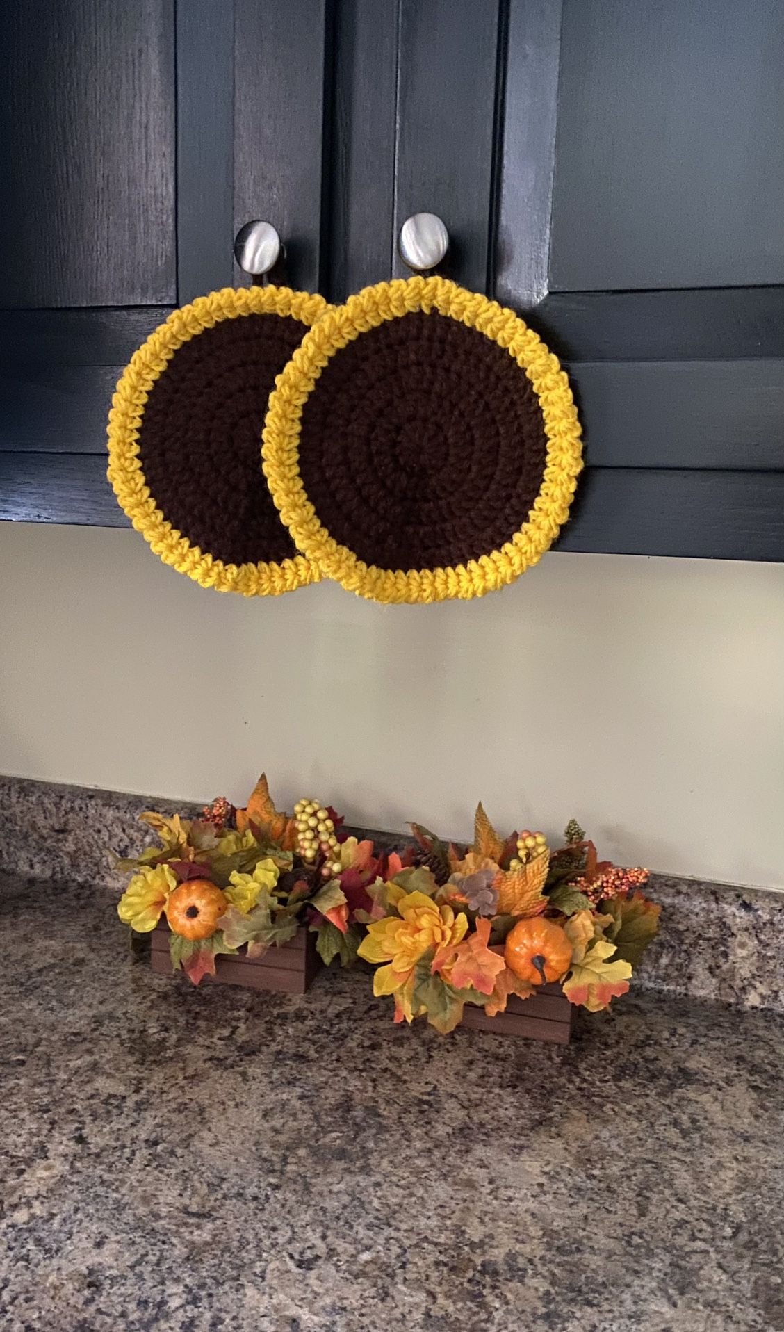 Handmade Crochet Sunflower-Style Pot Holders , Kitchen Wall or Cabinet Decor