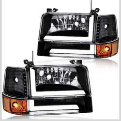 LED DRL Headlight Assembly, Headlights Kit Compatible with 92-96 Ford F150 F250 F350/92-96 Bronco Replacement Headlamp Black Housing Amber Reflector