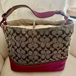 Coach Signature Tote in khaki and pink leather