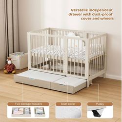 8 in 1 Convertible Crib with Drawer, Include 2” Mattress, Converts to Bassinet, Mid Crib, Full Size Crib, Daybed,Toddler Bed and Playard (Crib with Dr