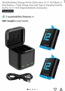 TELESIN Battery Charger Kit for GoPro Hero 12 11 10 9 Black, 2-Pack Battery + Triple Charge Case with Type-C Charging Cord for Go Pro 12 11 10 9 Origi