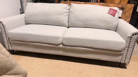 Studio Light Gray Fabric Sofa with Nailhead Trim