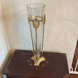 Gorgeous crackle Glass And Gold Metal Stand 19.5 Inches Tall Vase