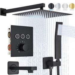  Shower System Matte Black Shower Faucet Set, 10 Inches Rain Shower Head with Handheld Spray Thermostat Bathroom Wall Mounted Shower Fixtures with Bra