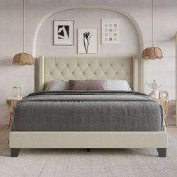 *Brand New*  Queen Size Upholstered Wingback Bed Frame with Tufted Headboard & Nailhead Trim, Beige