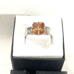 Vintage (One Of A Kind) Sterling Silver Ring With Authentic Yellow Imperial Topaz & CZ Diamonds. Size 6.5. Retail Value Is $245 