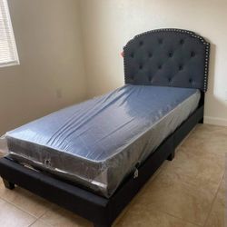 Brand New Twin Size Grey Platform Bed Frame +Mattress 