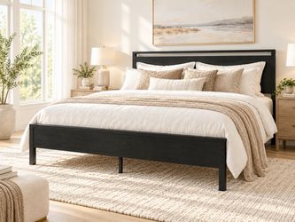 King bed Metal Platform Bed Frame with Wooden Headboard and Footboard, Mattress Foundation, No Box Spring Needed, Large Under Bed Storage, Non-Slip Wi
