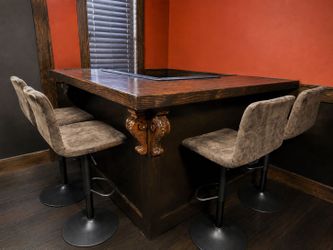 Custom Rustic Home Bar + 4 Swivel Bar Stools