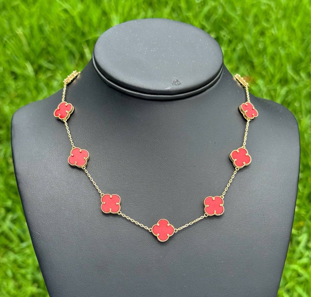 Jewelry 14k solid yellow gold Van cleef style red color clover shape necklace 18” 1mm