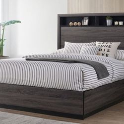 Brand Grey Queen Size Bed Frame w Bookcase Headboard
