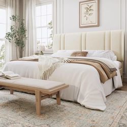  King Size Platform Bed Frame, Velvet Upholstered Bed with Adjustable Headboard, Vertical Channel Tufted Design, Sturdy Wood Slat Support, No Box Spri