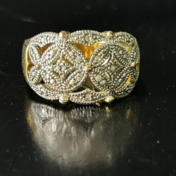 Vintage Sterling Silver Gold Plated Filigree Ring Size 9.75 CZ Diamonds 