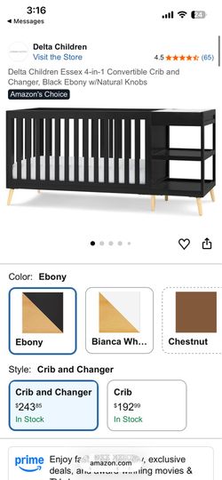 Delta Children Essex 4-in-1 Convertible Crib and Changer, Black Ebony w/Natural Knobs