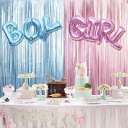 Gender Reveal Decoration Set - Metallic Fringe Curtains + BOY Girl Foil Balloons Gender Reveals Party Photo Backdrop (Pink/Blue)