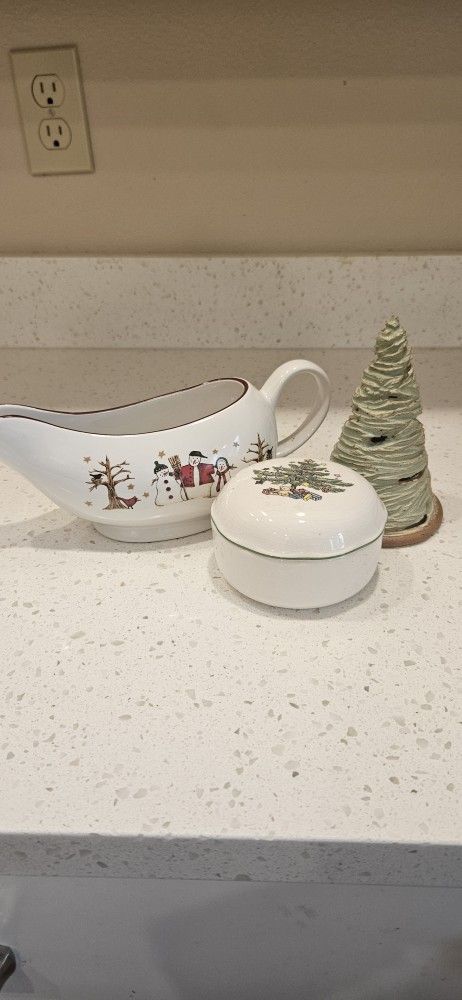 Holiday Gravy Boat & Candy Dish, & Clay Tree