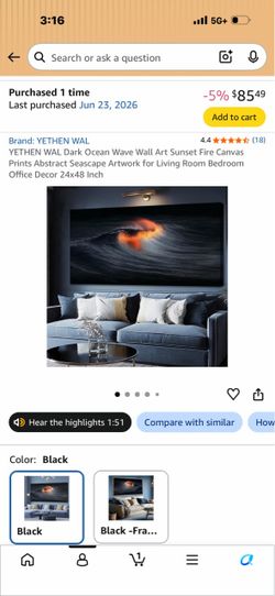 YETHEN WAL Dark Ocean Wave Wall Art Sunset Fire Canvas