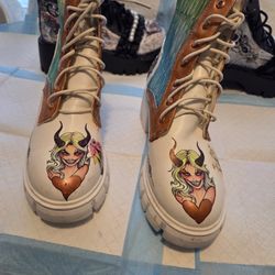 White Combat Boots With Halloween Theme 