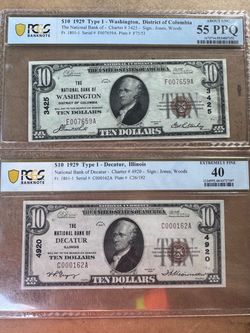 Two 1929 $10 bills  one from Washington & other from Decatur Illinois