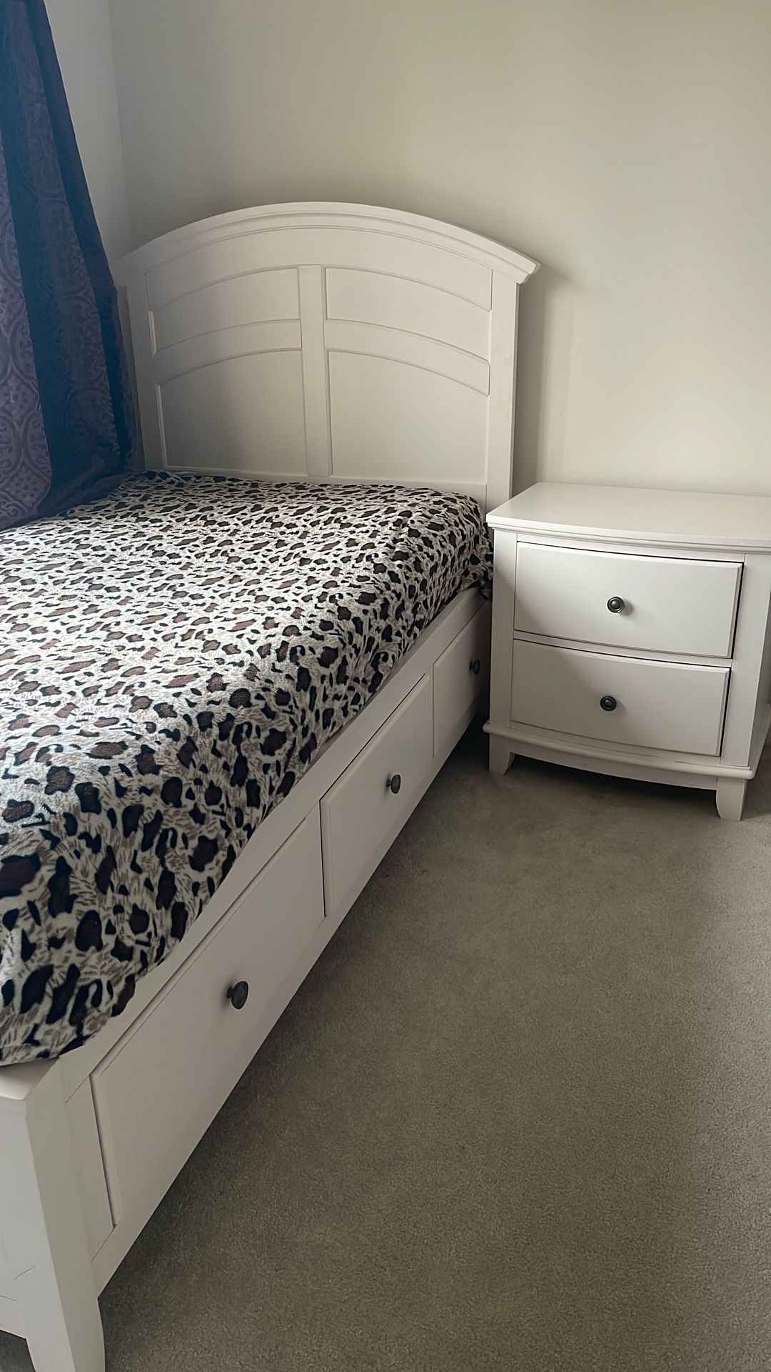 Twin Bed with Storage Drawers + Nightstand + Mattress – Like New - $500