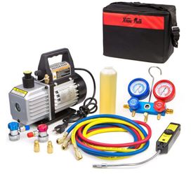 4CFM AIR VACUUM PUMP A/C REFRIGERANT VACUUM PUMP MANIFOLD & LEAK DETECTOR SET $215